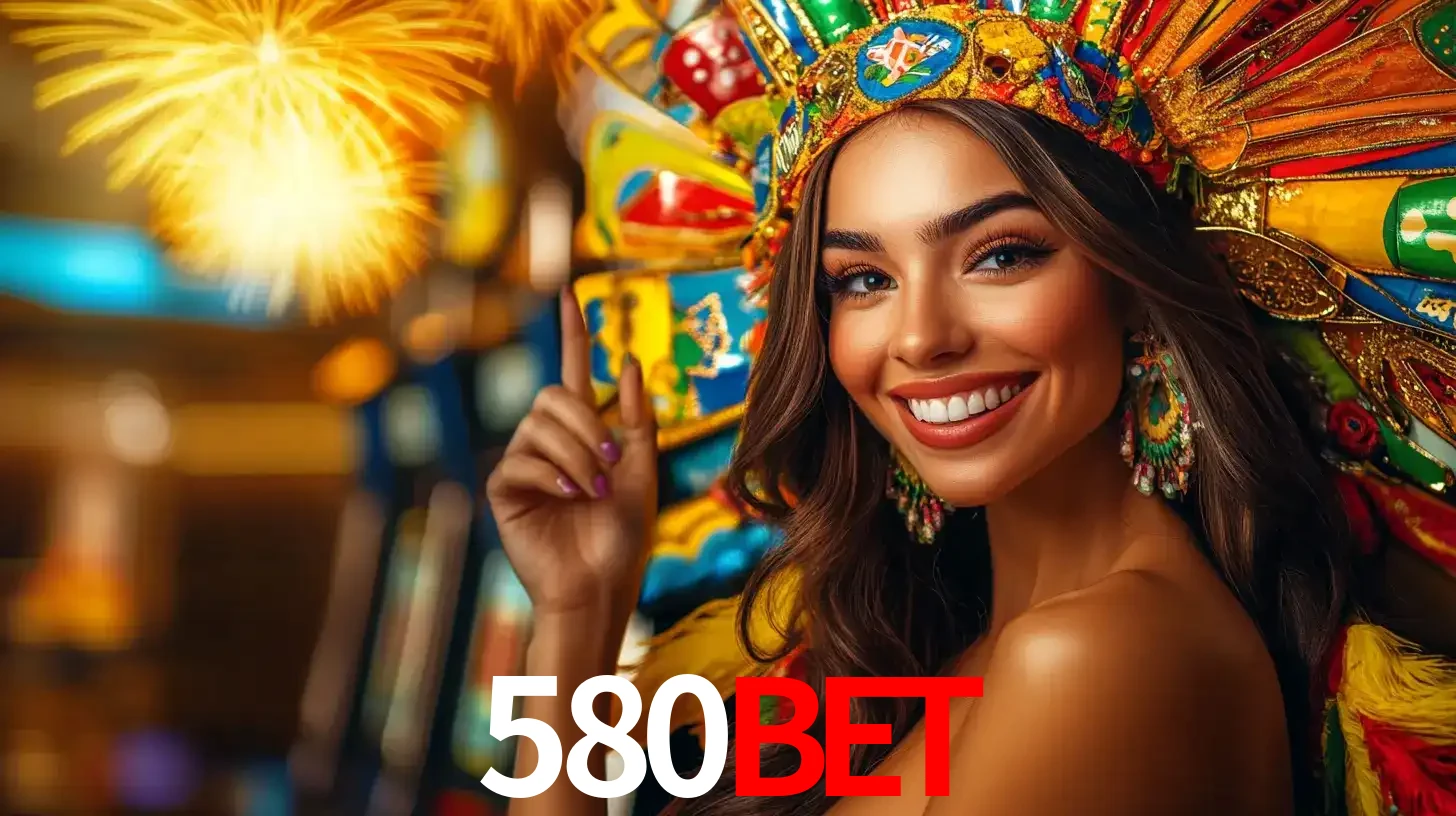 Mulher sorridente com um cocar de carnaval vibrante e colorido, celebrando uma grande vitória nos jogos do cassino 580bet com fogos de artifício ao fundo.