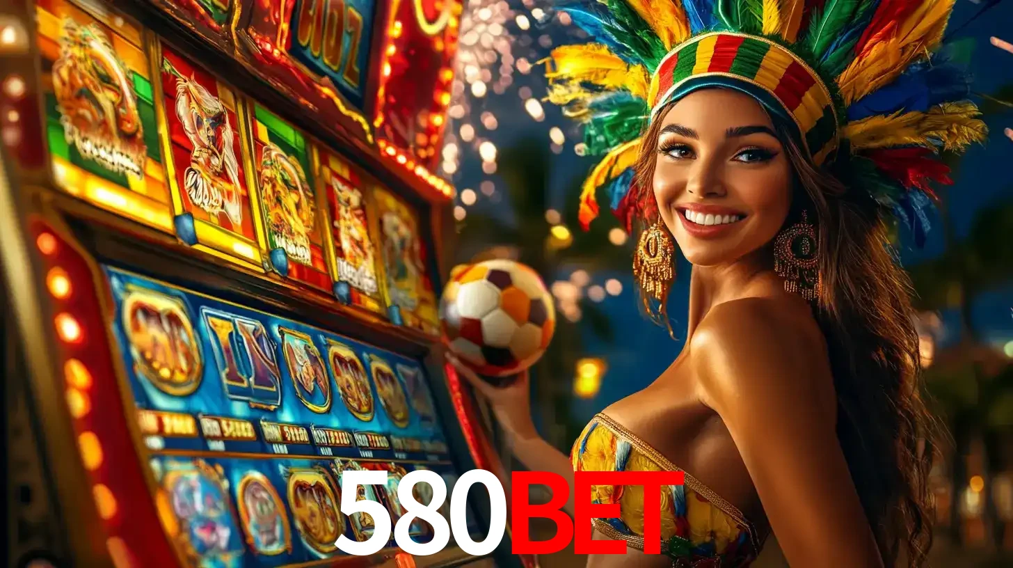Mulher com um cocar de carnaval ao lado de uma máquina de caça-níqueis enquanto segura uma bola de futebol, mostrando a união da diversão de cassino e esportes no 580bet.