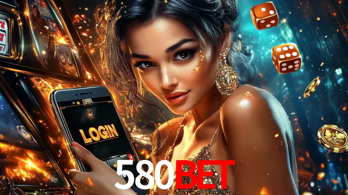 Mulher glamourosa segurando um celular com a tela de login do cassino 580bet, rodeada por dados e moedas douradas, pronta para começar a diversão.