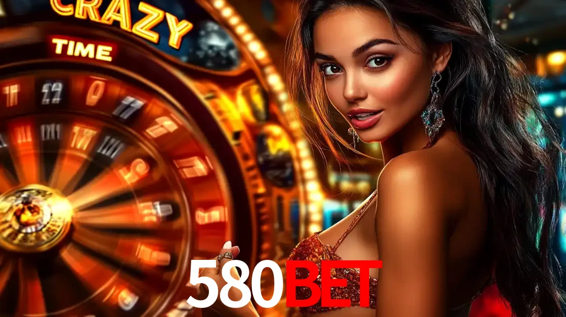Mulher ao lado da roda de prêmios do jogo de cassino ao vivo Crazy Time, um dos shows de jogos mais emocionantes oferecidos pela plataforma de apostas 580bet.