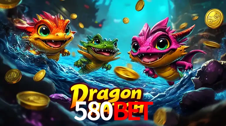 Arte promocional do jogo Dragon Hatch com três adoráveis dragões bebês nadando entre moedas de ouro, um dos slots mais divertidos para jogar no cassino 580bet.