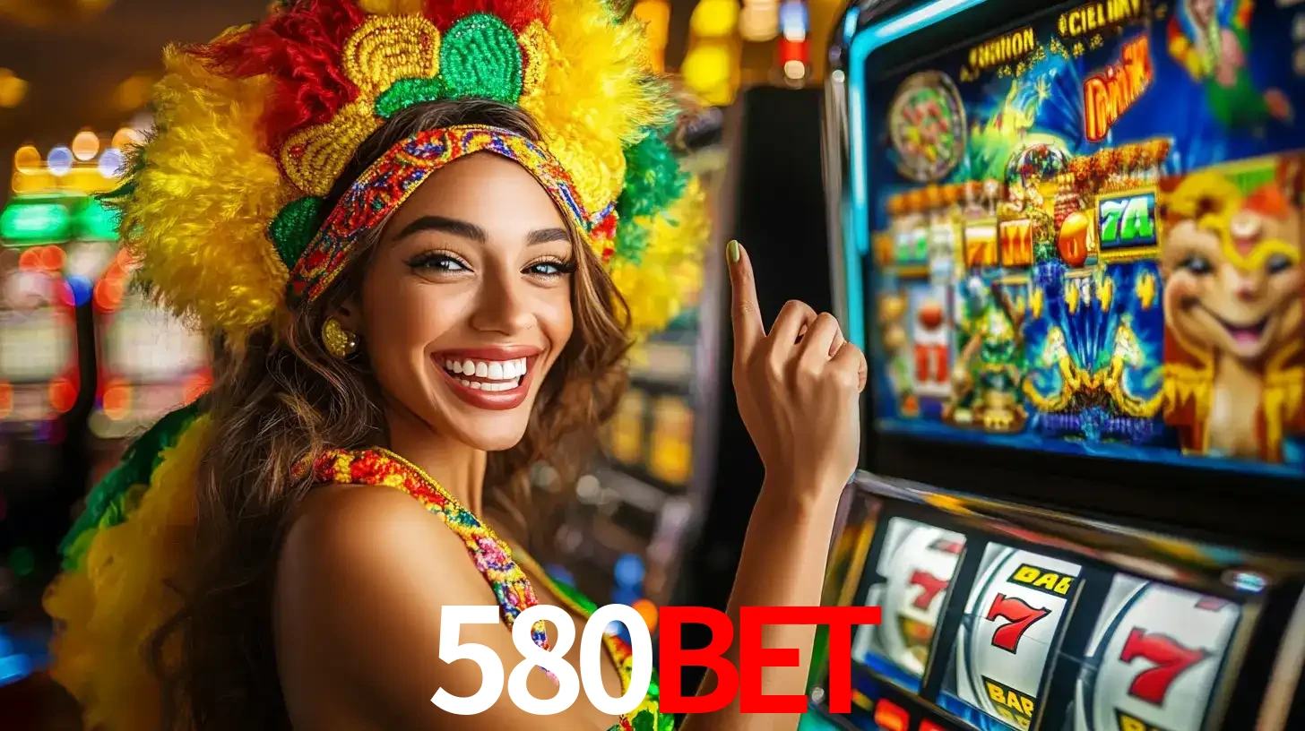 Mulher animada com um cocar de carnaval apontando para uma máquina de caça-níqueis, mostrando a emoção de ganhar um grande prêmio nos jogos do 580bet.