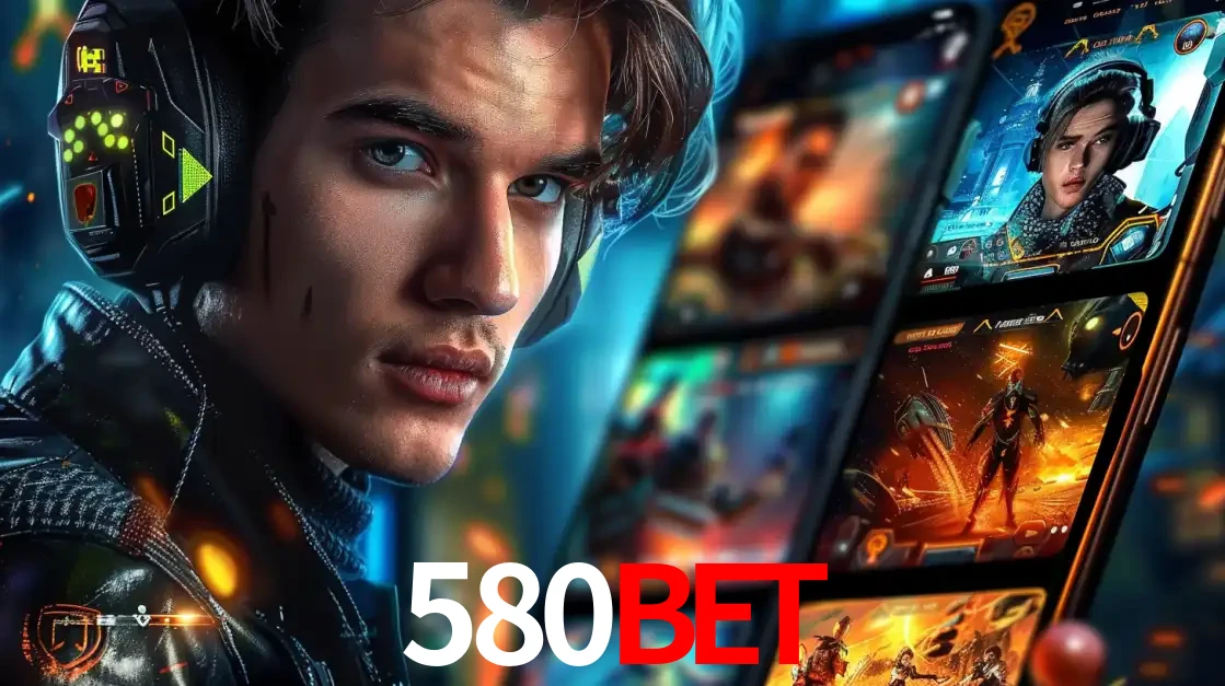 Jovem jogador com fones de ouvido olhando para a câmera, com um aplicativo de jogos e e-sports para celular ao fundo, pronto para a competição e apostas no 580bet.