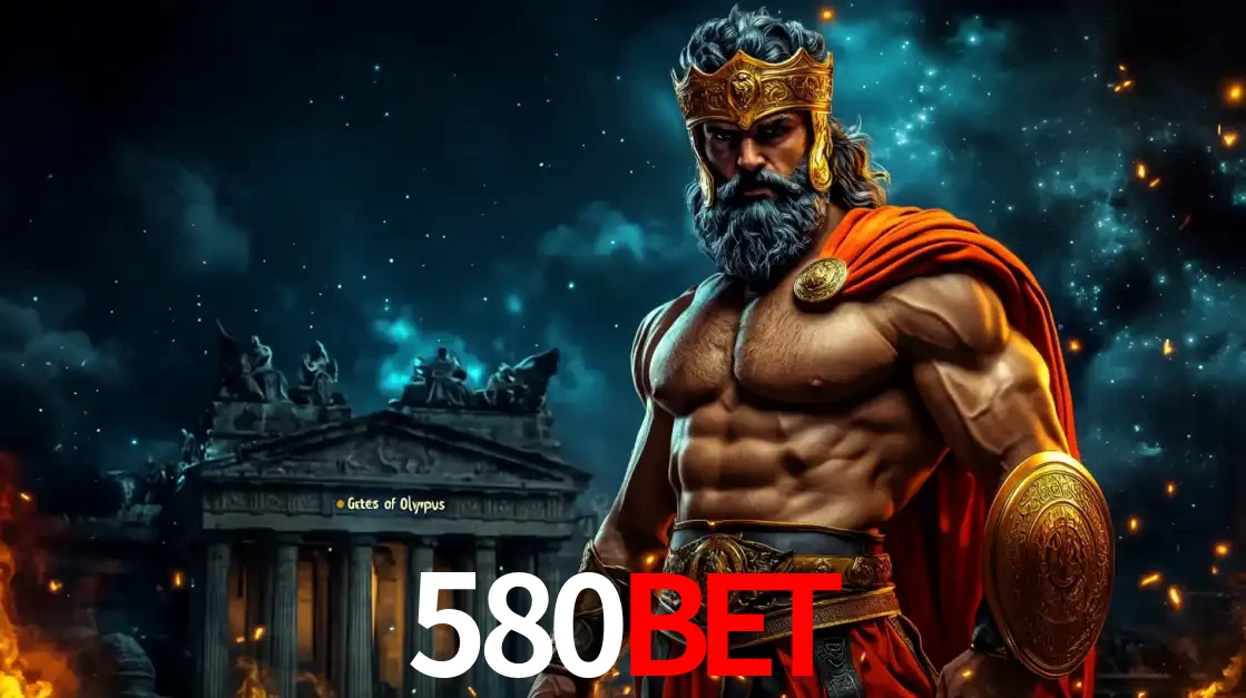 O poderoso Zeus do jogo de slot Gates of Olympus em frente ao seu templo, pronto para lançar multiplicadores divinos e prêmios épicos no cassino online 580bet.