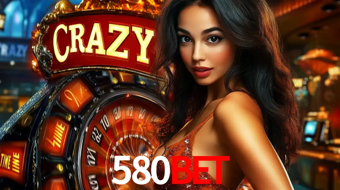 Mulher glamourosa olhando para a câmera com a roda vermelha do Crazy Time ao fundo em um ambiente de cassino, destacando a emoção dos jogos ao vivo no 580bet.