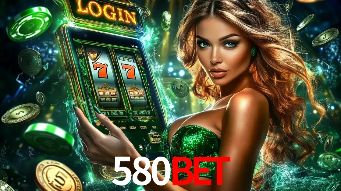 Mulher com tema verde apresentando o aplicativo do cassino 580bet com um jogo de slot de 777, cercada por fichas de cassino e uma aura de sorte.