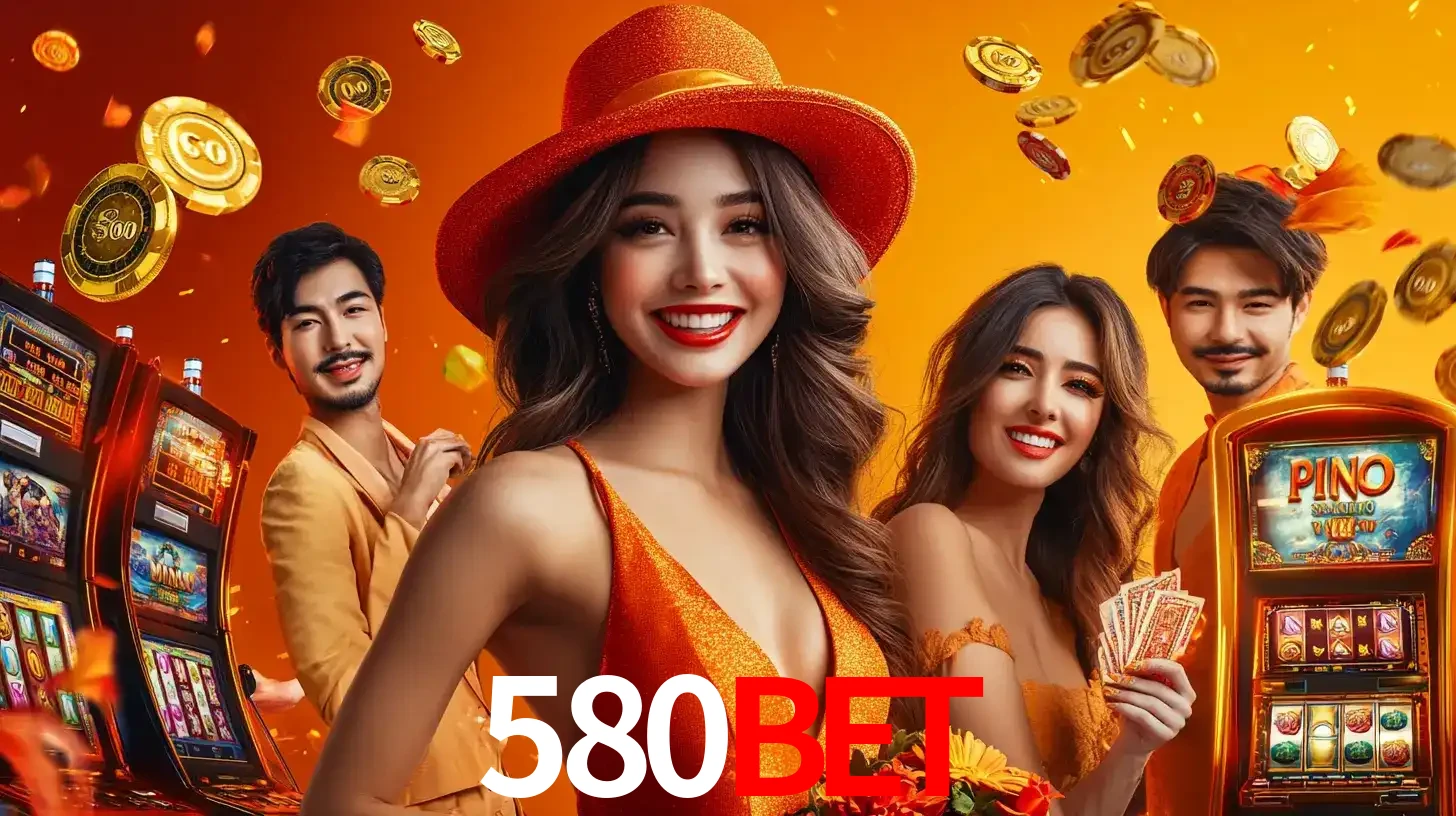 Grupo de amigos asiáticos sorrindo e se divertindo com máquinas de caça-níqueis em um ambiente festivo, celebrando suas vitórias nos jogos de cassino do 580bet.