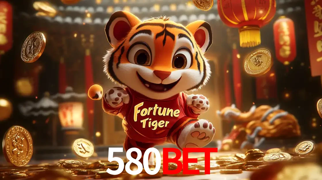 O alegre personagem do Fortune Tiger correndo sobre um caminho de moedas de ouro, simbolizando os grandes prêmios e a diversão do popular jogo de slot do 580bet.