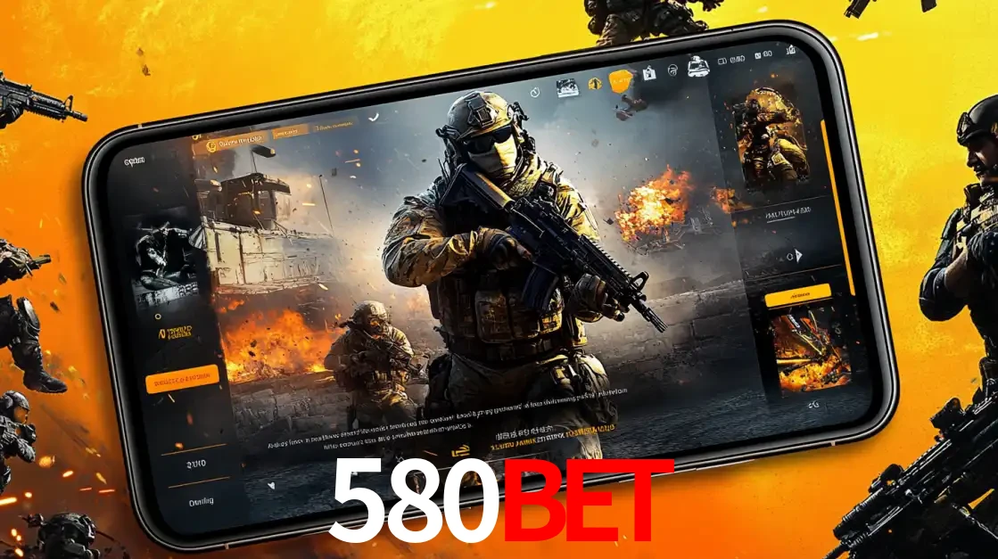 Um smartphone exibindo a interface de um jogo de tiro em primeira pessoa, com um soldado em um cenário de batalha, representando a ação dos e-sports para apostar no 580bet.
