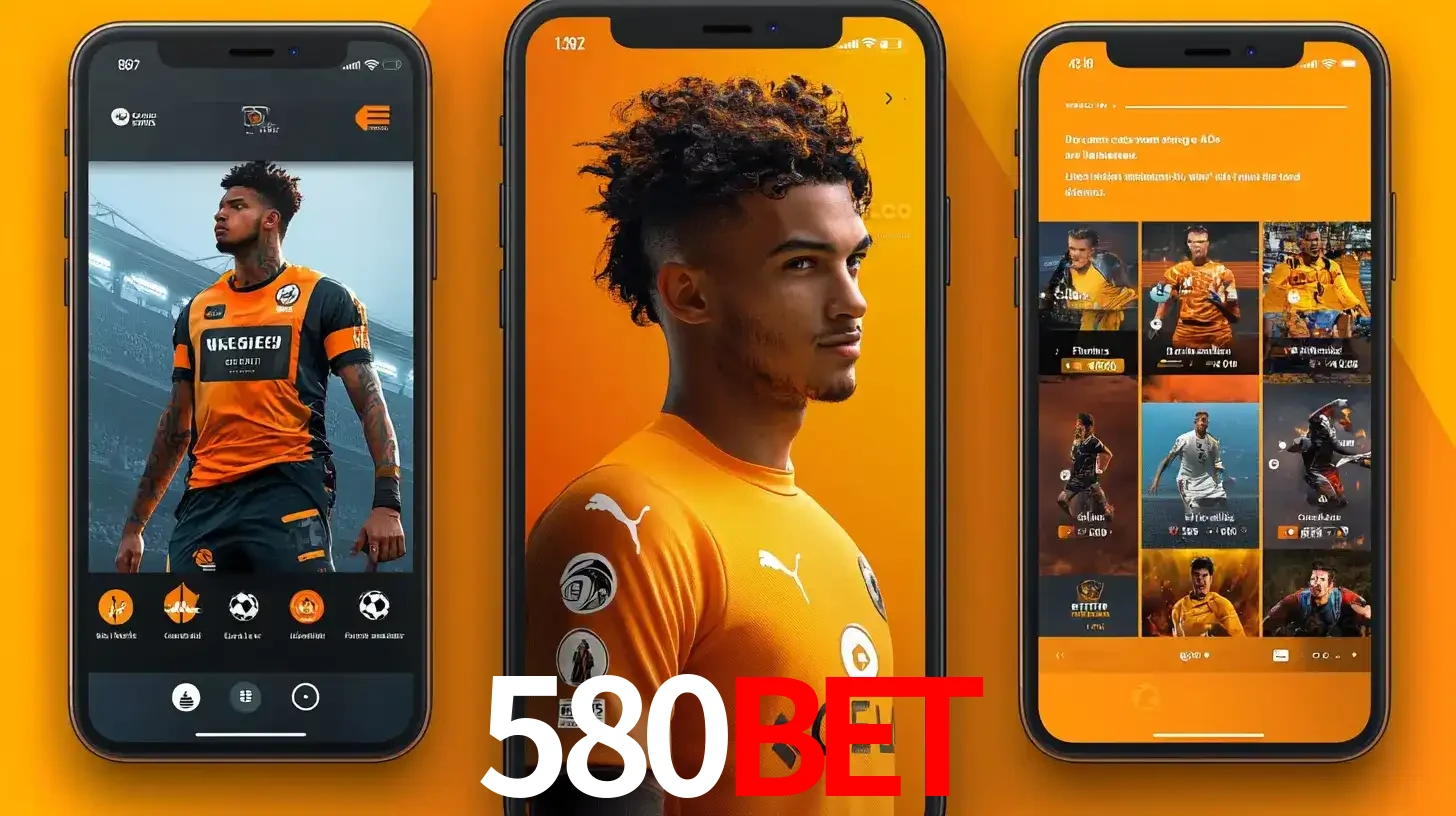 Interface do aplicativo de apostas esportivas 580bet em três telas de celular, mostrando o perfil de um jogador de futebol e a lista de jogos disponíveis para apostar.