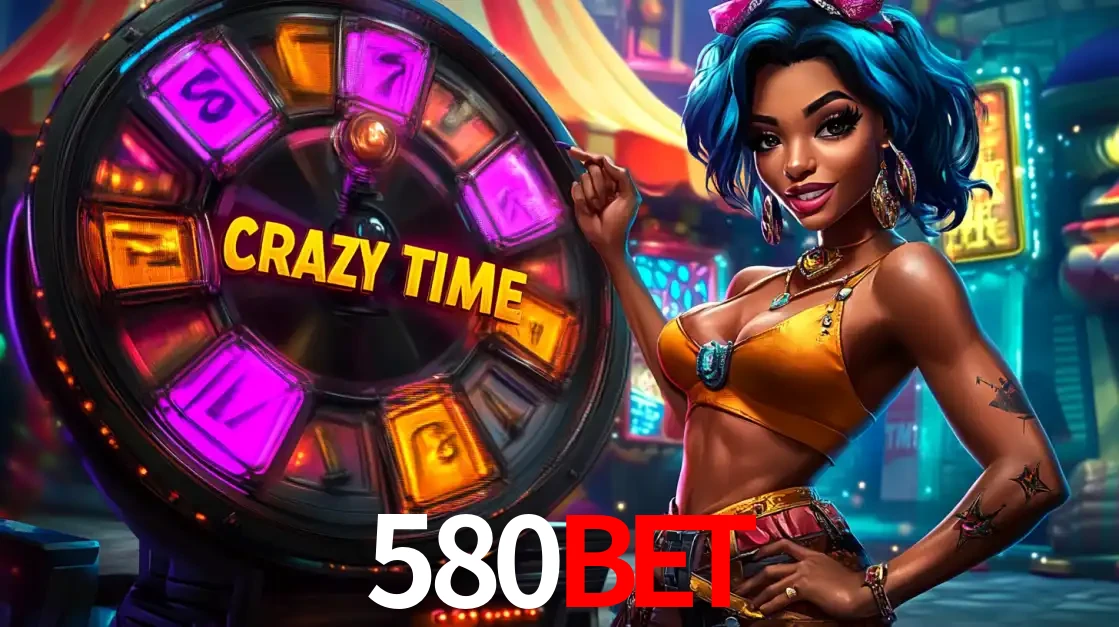 Mulher estilizada com cabelo azul e visual vibrante posando ao lado da roda de prêmios do game show Crazy Time, convidando para a diversão e os bônus do cassino 580bet.