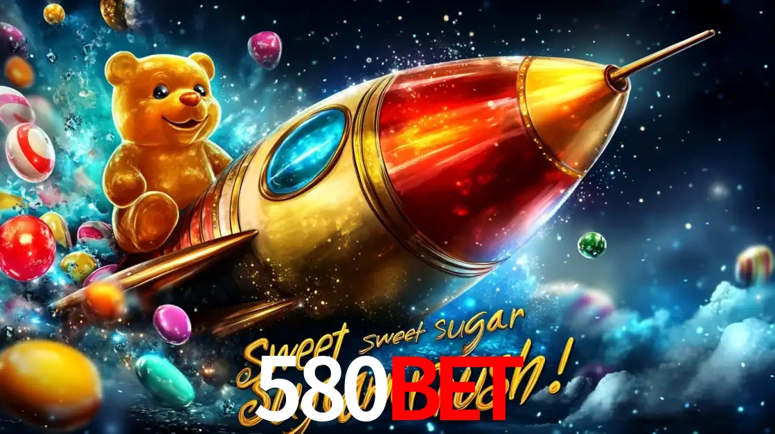 Arte promocional do jogo de slot Sugar Rush, com um urso de pelúcia em um foguete viajando pelo espaço de doces, um dos jogos divertidos disponíveis no cassino 580bet.