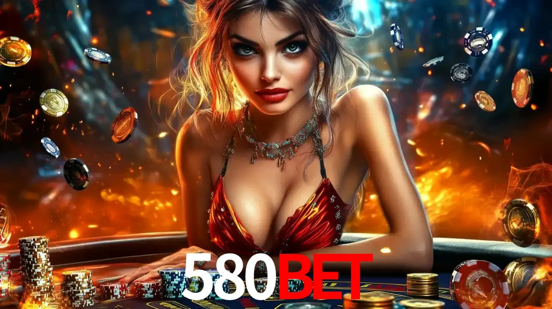 Mulher em uma mesa de cassino com pilhas de fichas e um fundo de fogo, pronta para uma rodada de altas apostas nos jogos de mesa emocionantes do cassino 580bet.
