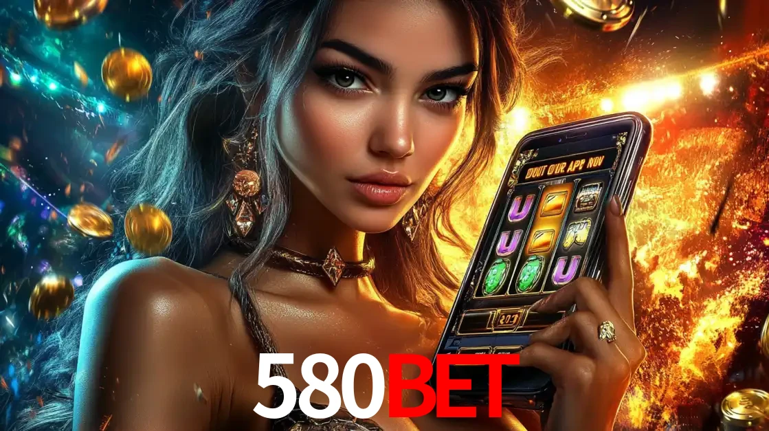 Mulher elegante mostrando um jogo de caça-níqueis em seu smartphone, destacando a experiência de cassino móvel oferecida pelo aplicativo 580bet.
