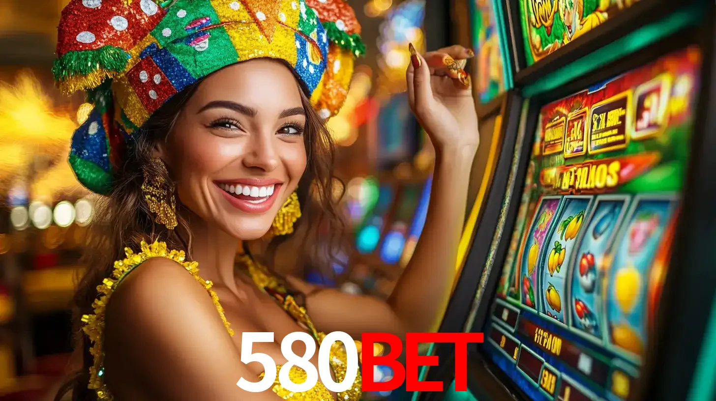 Mulher feliz com traje de carnaval amarelo e colorido ao lado de uma máquina de caça-níqueis, aproveitando a diversão e os jogos temáticos do cassino 580bet.